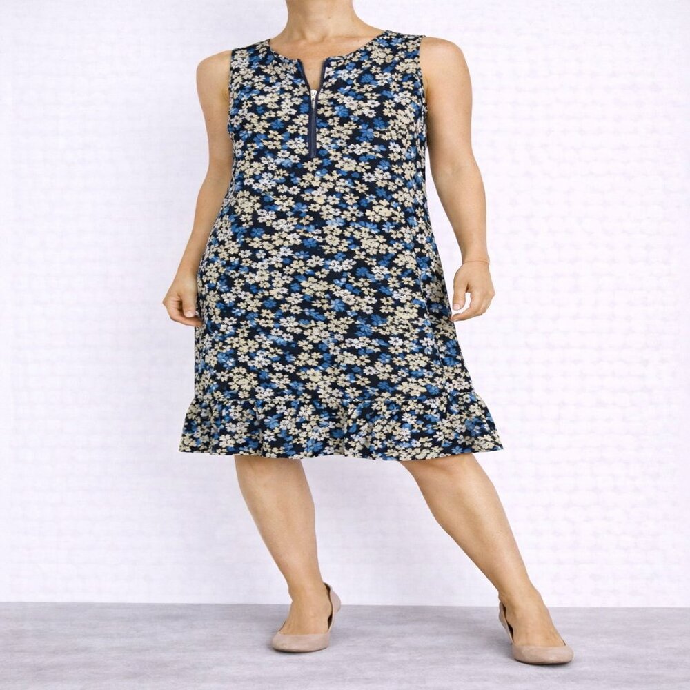 Michael Michael Kors Navy Floral Sleeveless‎ Ruffle Hem Dress Sz M